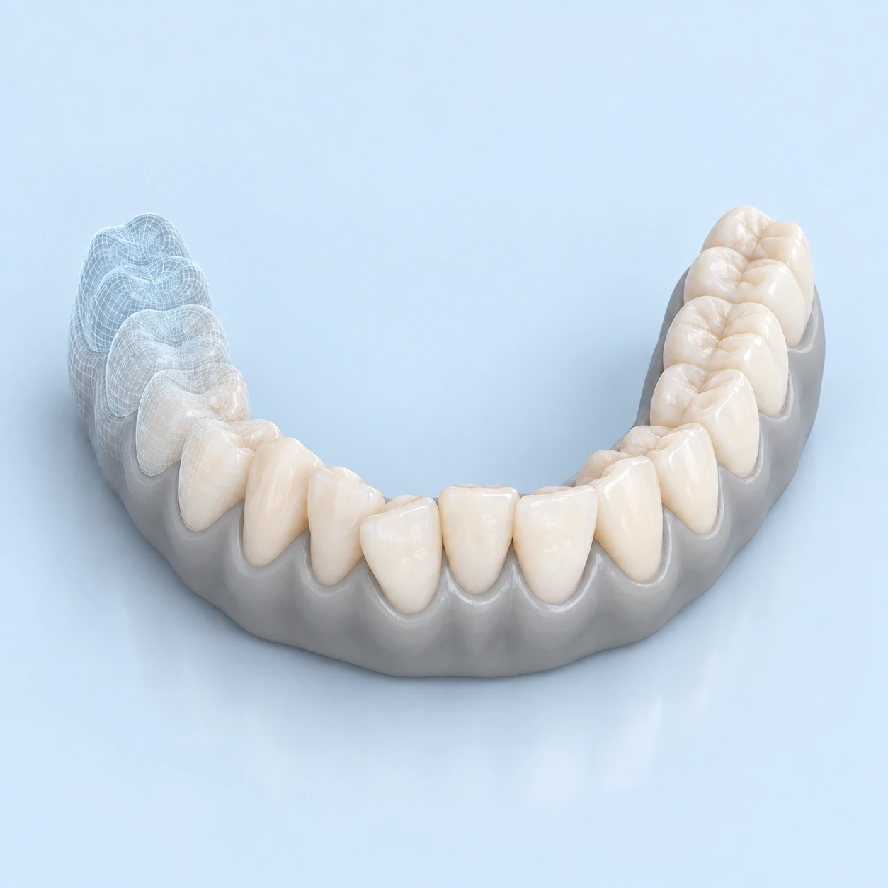 치아 배열과 이동 계획을 표현한 회색 잇몸·아이보리 치열의 디지털 모형 — 설명용 3D 일러스트