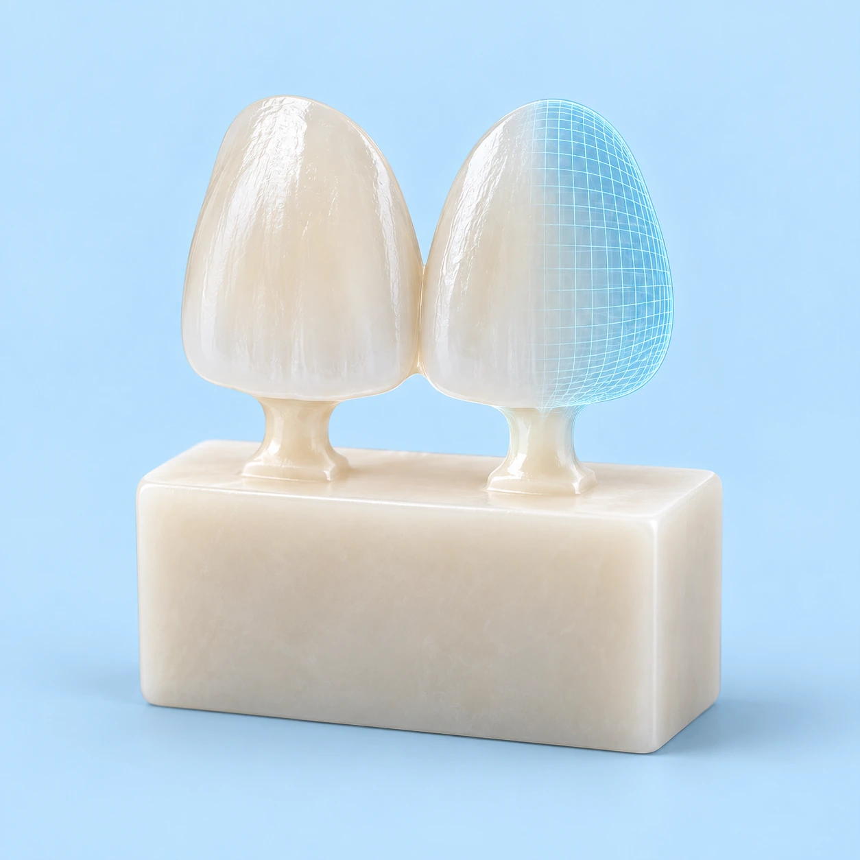 세라믹 블록에서 라미네이트를 제작하는 디지털 가공 모형 — 설명용 3D 일러스트